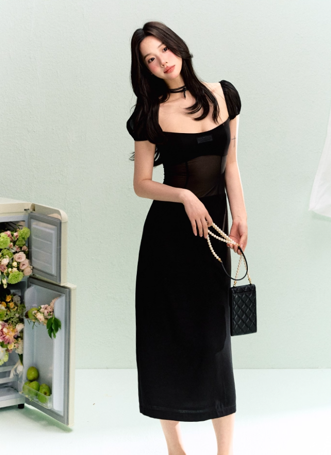 French elegant waist square neck splicing dress summer simple midi dress R3330