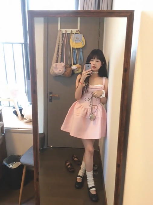 Gentle style pink bow suspender dress women's waist dress R3146