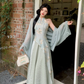 Fairy New Chinese Retro Temperament Splicing Printed Long Skirt Sleeveless Halter Neck Dress R1711
