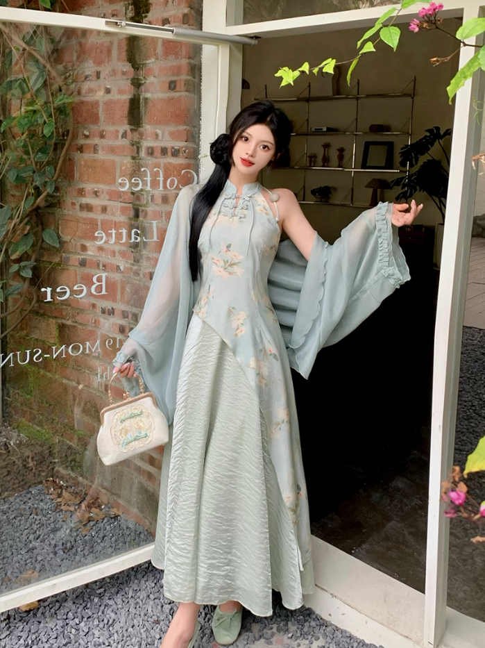 Fairy New Chinese Retro Temperament Splicing Printed Long Skirt Sleeveless Halter Neck Dress R1711