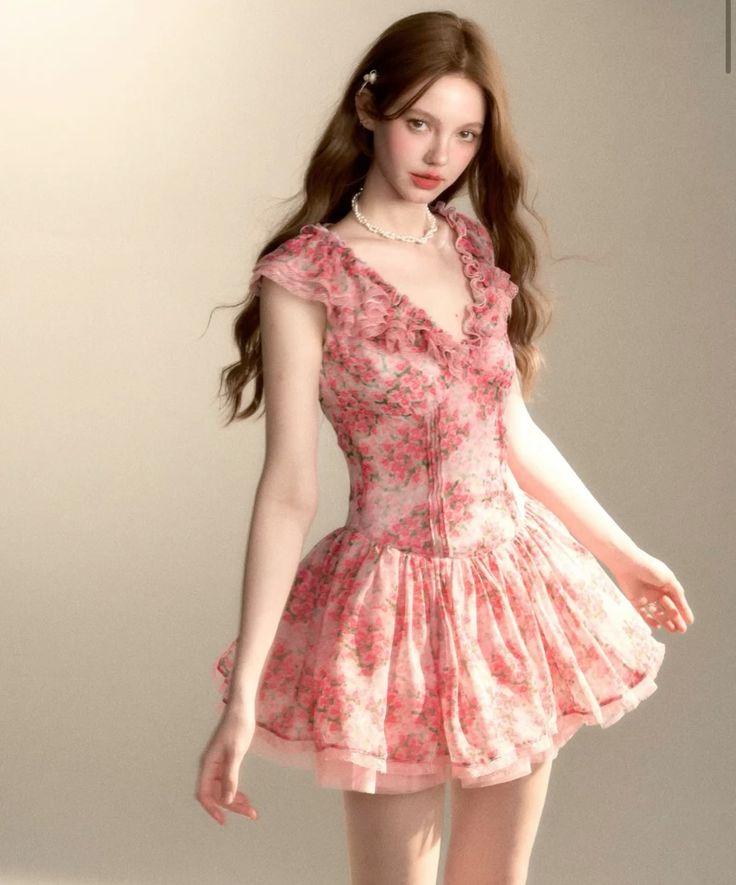 Pink and tender floral V-neck slim waist A-line short skirt homecoming dress R3294