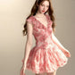 Pink and tender floral V-neck slim waist A-line short skirt homecoming dress R3294