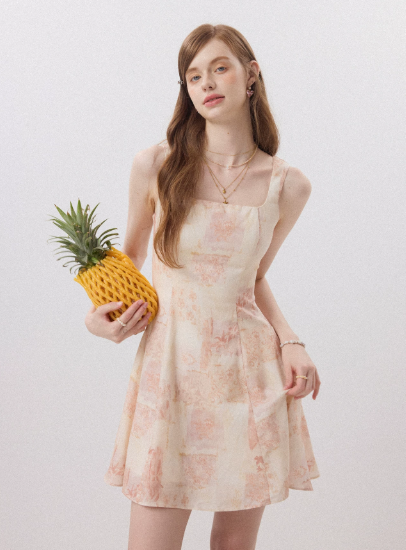 Pink Floral Print Halter Neck Mini Dress Women With A-Line Skirt R9489