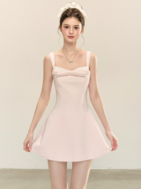 Pink Cami Dress with Front Bow, Square Neck and Back Zipper R9221