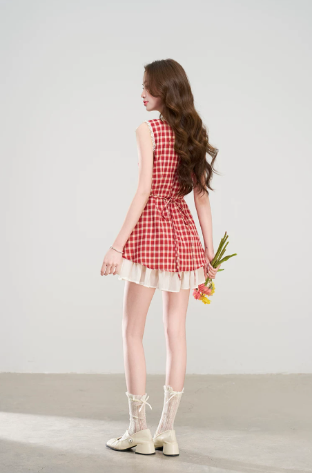 2026 Summer New Red Gingham Dress With Bow Neck And Chiffon Underlayer R9401