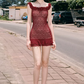 Burgundy Lace Off-Shoulder Mini Dress With Ruffle Trim And Bodycon Fit R9287