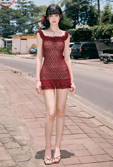 Burgundy Lace Off-Shoulder Mini Dress With Ruffle Trim And Bodycon Fit R9287