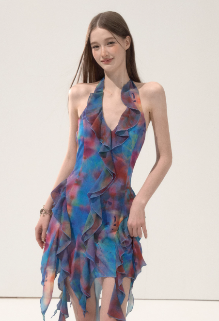 Tie-Dye Halter Neck Mini Dress With Ruffle Trim And Asymmetric Hem R9288