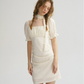 Cream White Square Neck Mini Dress Women With Puff Sleeves And Choker Tie R9453