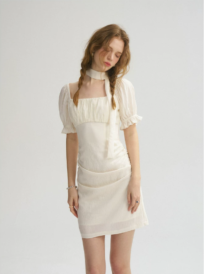 Cream White Square Neck Mini Dress Women With Puff Sleeves And Choker Tie R9453