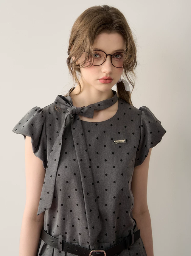 Polka Dot Dress with Detachable Belt, Neck Bow and Back Zipper R9219