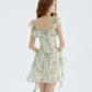 Light Green Floral Print Ruffle Mini Dress Women With Square Neck And Asymmetric Hem R9490