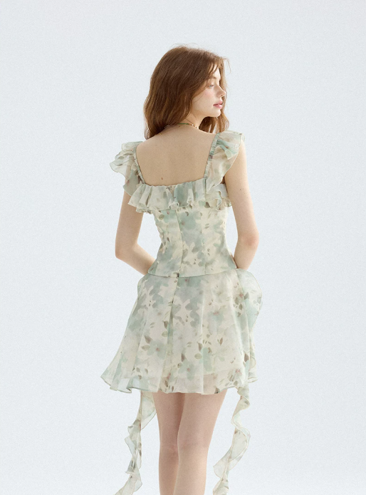 Light Green Floral Print Ruffle Mini Dress Women With Square Neck And Asymmetric Hem R9490