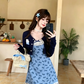 Light Blue Bow Print Cami Dress Women Lace Trim High Waist A-Line Mini Dress R9349