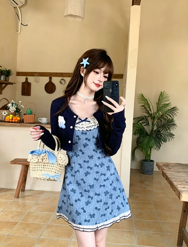 Light Blue Bow Print Cami Dress Women Lace Trim High Waist A-Line Mini Dress R9349
