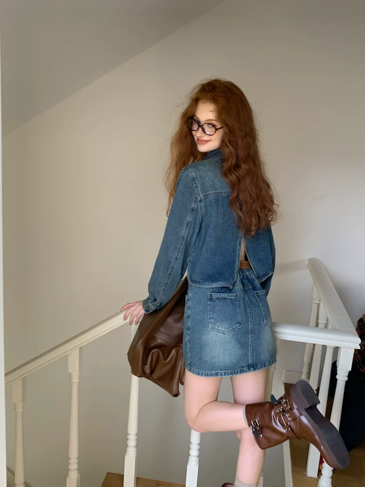 Washed Denim Mini Dress with Open Back and Long Sleeves R9212