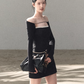 Black Square Neck Long Sleeve Mini Dress with Lace Trim and Tie Detail R9366