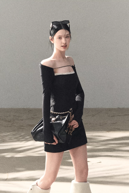 Black Square Neck Long Sleeve Mini Dress with Lace Trim and Tie Detail R9366