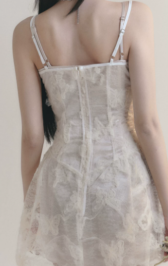 White Lace Butterfly Print Cami Dress Women With Corset Style Bodice R9446