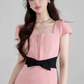 Pink & Black Contrast Dress, Women's Square Neck with Black Bow Waist A-Line Mini Dress R9337