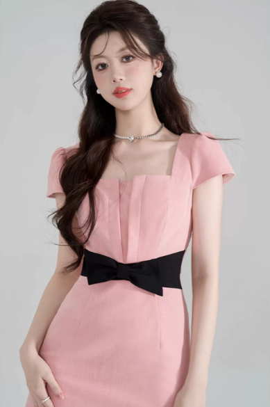 Pink & Black Contrast Dress, Women's Square Neck with Black Bow Waist A-Line Mini Dress R9337