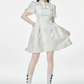 White Qipao Style Mini Dress with Mandarin Collar, Puff Short Sleeves and Ruffle Hem R9273