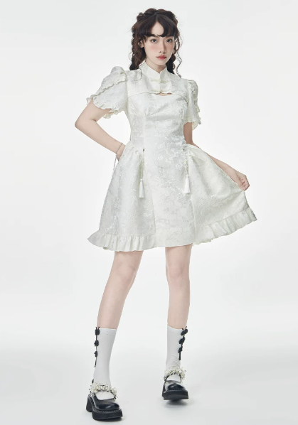 White Qipao Style Mini Dress with Mandarin Collar, Puff Short Sleeves and Ruffle Hem R9273