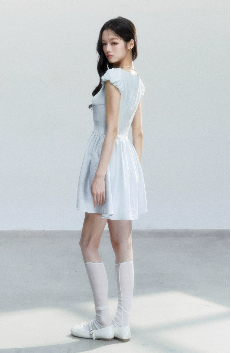 Light Blue Floral Embroidered Mini Dress Women With Lace Trim And Puff Sleeves R9414