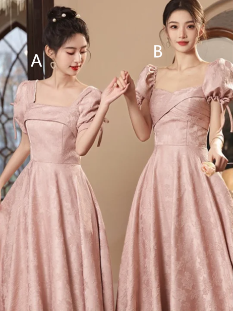 Pink short-sleeved slim-waist A-line maxi bridesmaid dress R6111