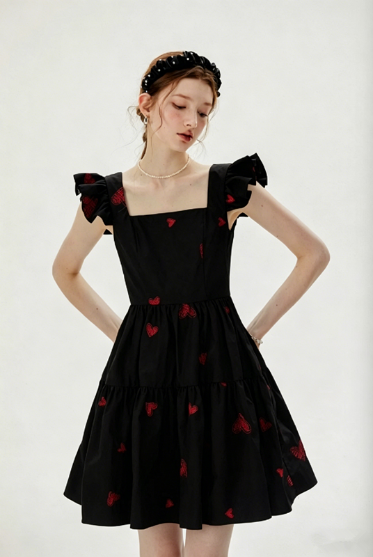 Black Heart Embroidered Mini Dress Women With Ruffled Cap Sleeves R9463