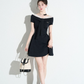 Classic Black Off-Shoulder A-Line Dress, Women's Short Sleeve with Lace Trim and Bow Neck Mini Dress R9332