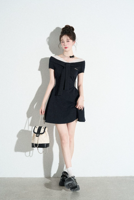 Classic Black Off-Shoulder A-Line Dress, Women's Short Sleeve with Lace Trim and Bow Neck Mini Dress R9332