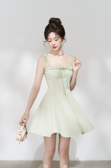 Minimalist Mint Green Flare Dress, Women's Square Neck with Ruffled Straps and Tie Detail Mini Dress R9330