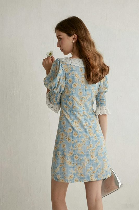 Blue Floral Print Mini Dress Women With Lace Trim Neckline And Puff Sleeves R9479