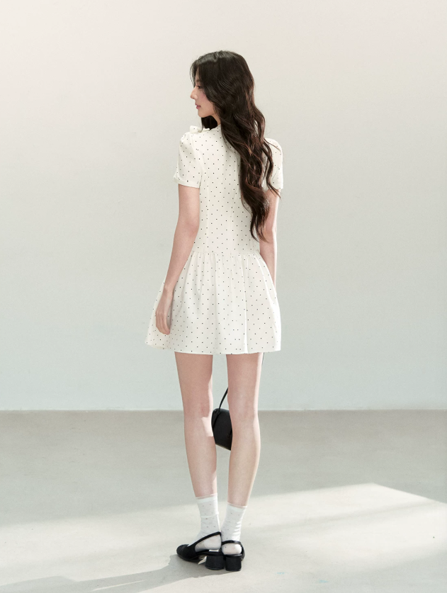 Fitted Polka Dot Flounce Dress with Neck Ribbon and Button Accents R9218