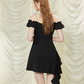 Edgy Black Mini Dress With Off-Shoulder Design, Lace-Up Front And Asymmetric Flounce Hem R9305