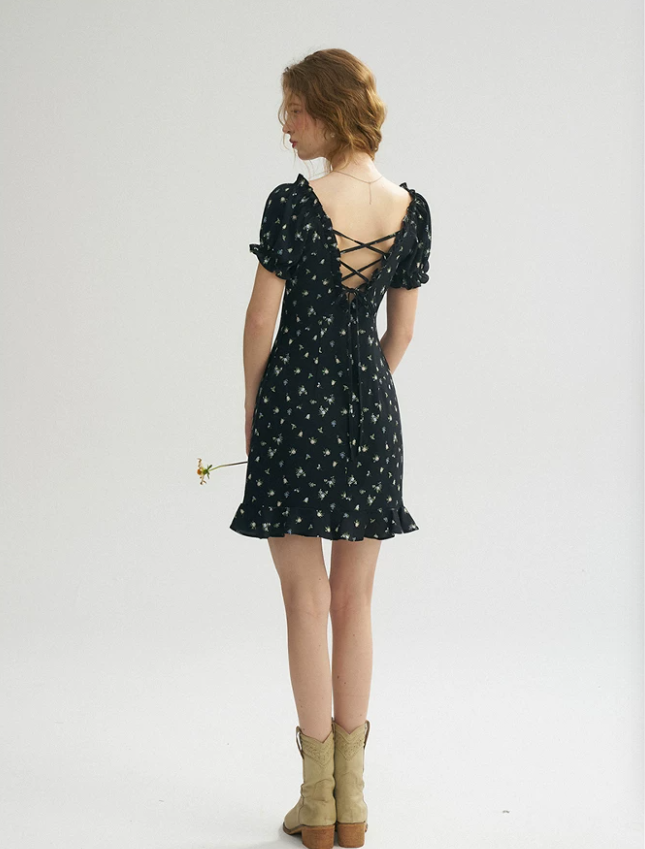 Black Floral Print Mini Dress Women With Puff Sleeves And Lace-Up Back R9477