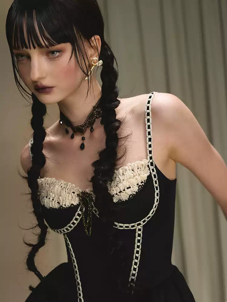 Gothic Coquette Bustier Dress with Lace Flounce Hem R9201