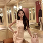 Blush Pink Ruffle Trim Sleeveless Bodycon Dress Women With Side Flounce Detail R9399