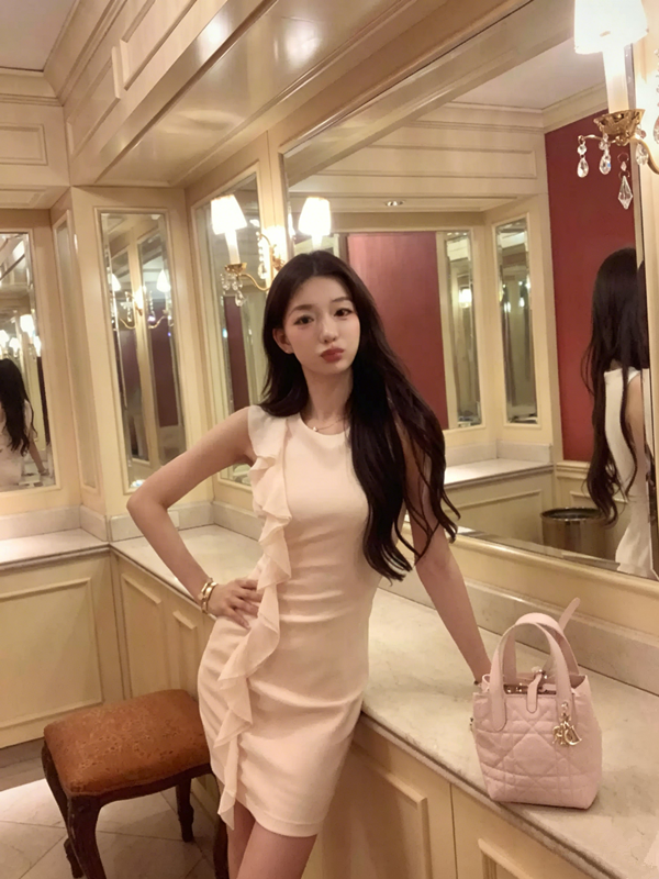 Blush Pink Ruffle Trim Sleeveless Bodycon Dress Women With Side Flounce Detail R9399