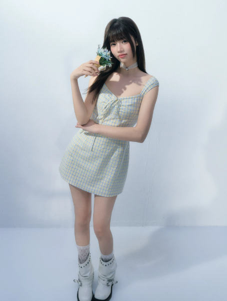 Fresh Style Yellow Blue Plaid Tie Front Dress Women Summer Slim Fit Flare Dress R9352