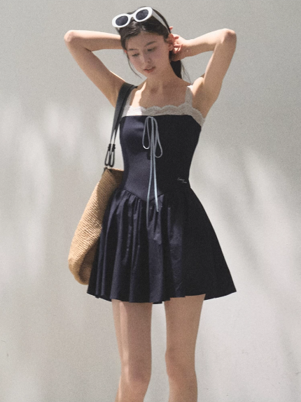 Navy Blue Lace Trim Cami Mini Dress Women Tie Front A-Line Dress R9360