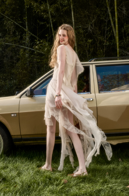 Fairycore White Flowy Dress with Asymmetric Hem, Lace Underlayer and Short Flutter Sleeves R9269