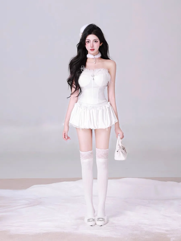 White tube top slim waist A-line short skirt homecoming dress R5331