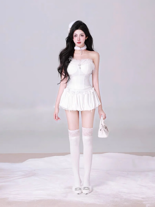 White tube top slim waist A-line short skirt homecoming dress R5331