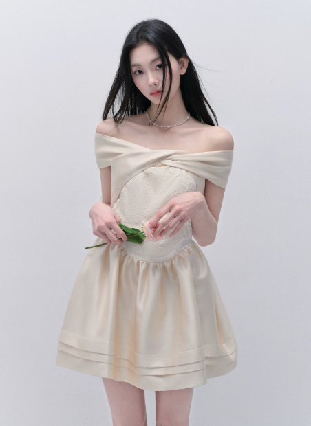 Cream Off The Shoulder Mini Dress Women With Lace Bodice And Satin Skirt R9426