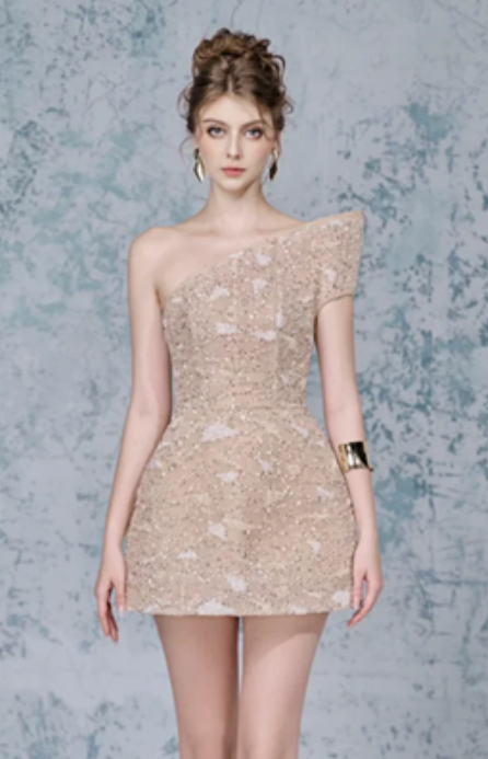 Champagne color asymmetrical neckline beaded waist slimming short skirt homecoming dress R4469