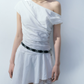 White Off-Shoulder Mini Dress Women Ruched Waist Asymmetrical Hem Dress R9354