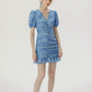 Blue Floral Print Bodycon Mini Dress Women With Ruched Front And Puff Sleeves R9482