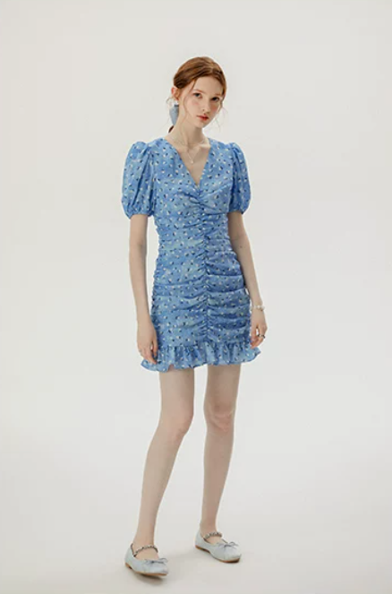 Blue Floral Print Bodycon Mini Dress Women With Ruched Front And Puff Sleeves R9482